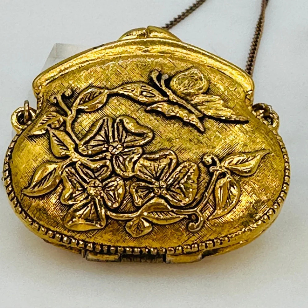 Vintage Corday Perfume Purse Necklace Butterfly Gold Tone Signed 24” Chain